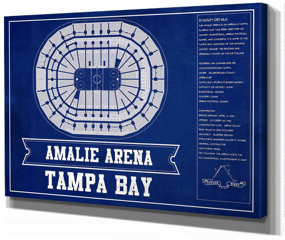 14" x 11" / Stretched Canvas Wrap Cutler West Tampa Bay Lightning Amalie Arena Team Colors Seating Chart - Vintage Hockey Print