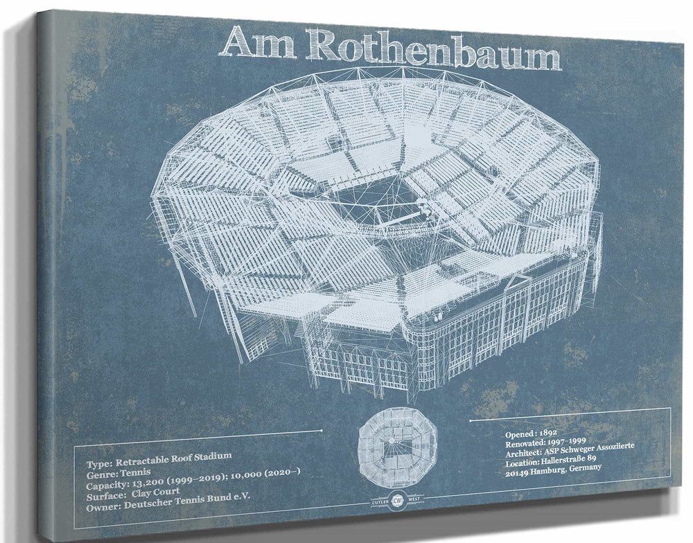 14" x 11" / Stretched Canvas Wrap Cutler West Tennisstadion Am Rothenbaum - German Open Tennis Championships Blueprint Vintage Print