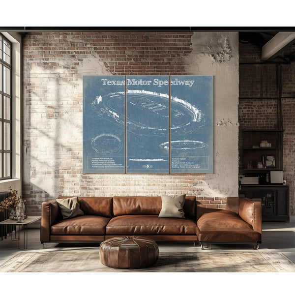 Texas Motor Speedway Blueprint NASCAR Race Track Print as a 3 panel canvas wrap above a leather sofa