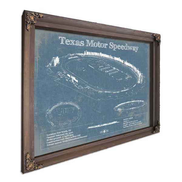 Texas Motor Speedway Blueprint NASCAR Race Track Print in a Bourbon stained wood frame with antique gold corners