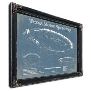 Texas Motor Speedway Blueprint NASCAR Race Track Print in a distressed Vintage Black wood frame with ornate corners