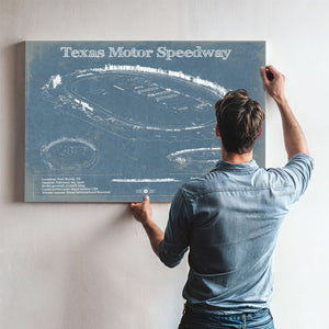Texas Motor Speedway Blueprint NASCAR Race Track Print framed in Vintage Black above a mid-century record console