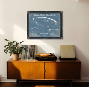 Texas Motor Speedway Blueprint NASCAR Race Track Print framed in Vintage Black in a loft bedroom