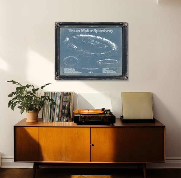 Texas Motor Speedway Blueprint NASCAR Race Track Print framed in Vintage Black in a loft bedroom
