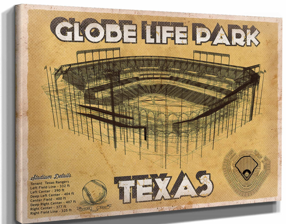 14" x 11" / Stretched Canvas Wrap Cutler West Texas Rangers - Globe Life Park Vintage Stadium Baseball Print
