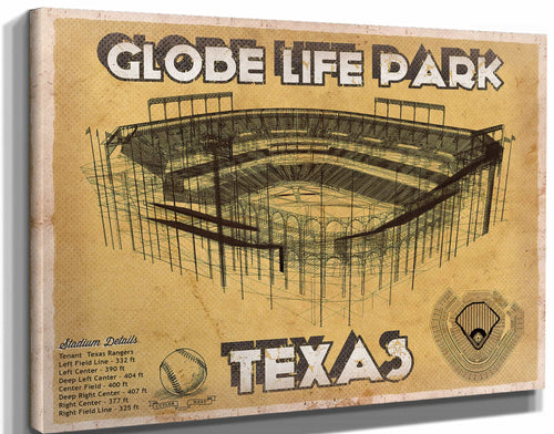 14" x 11" / Stretched Canvas Wrap Cutler West Texas Rangers - Globe Life Park Vintage Stadium Baseball Print