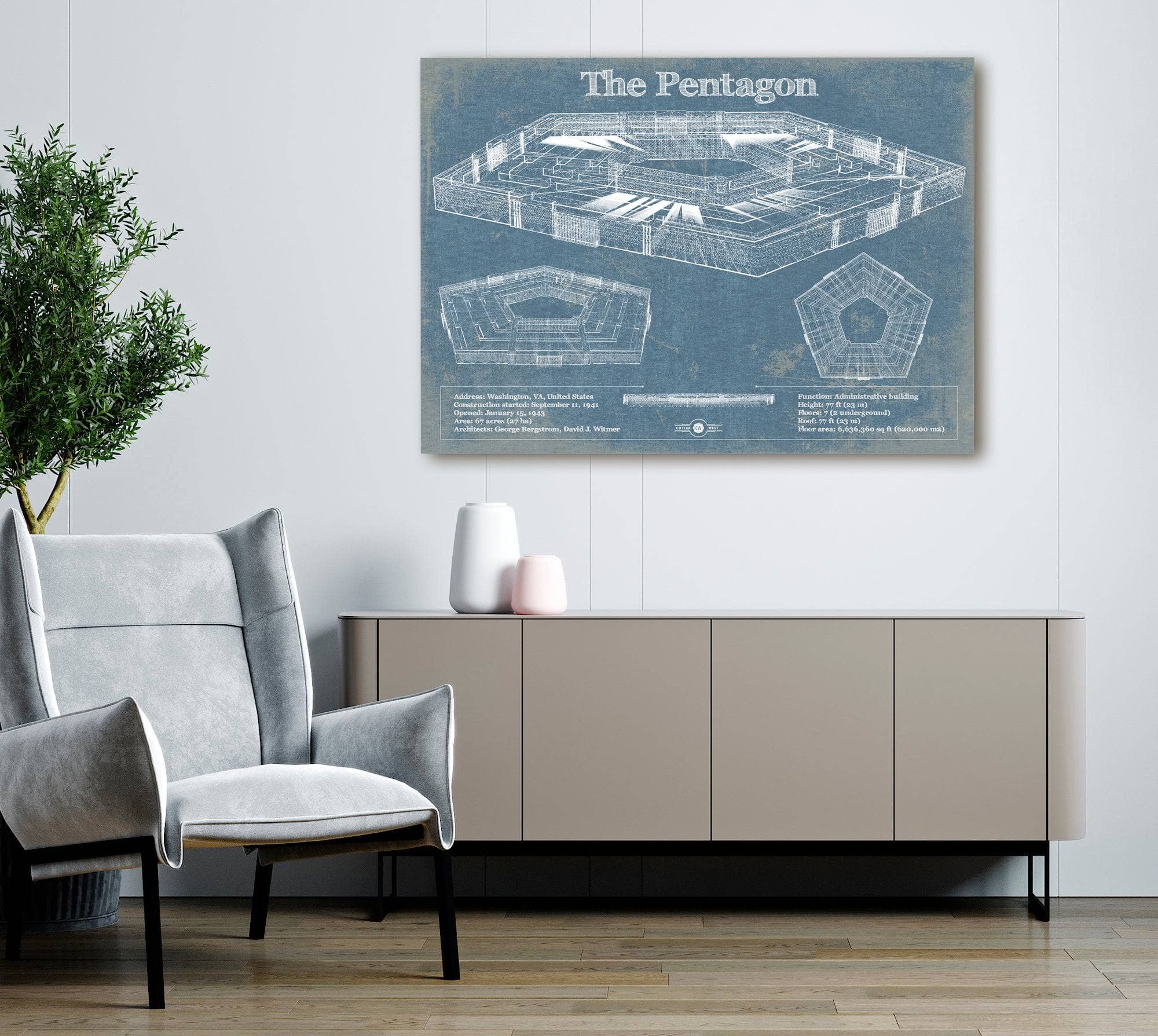 Cutler West The Pentagon Vintage Blueprint Building Print