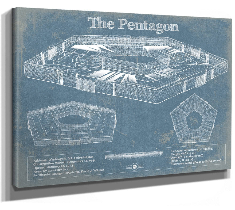 14" x 11" / Stretched Canvas Wrap Cutler West The Pentagon Vintage Blueprint Building Print
