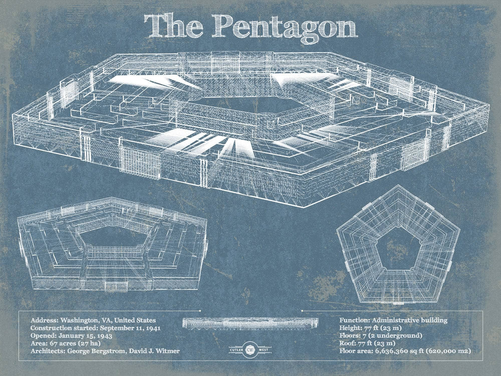 14" x 11" / Stretched Canvas Wrap Cutler West The Pentagon Vintage Blueprint Building Print