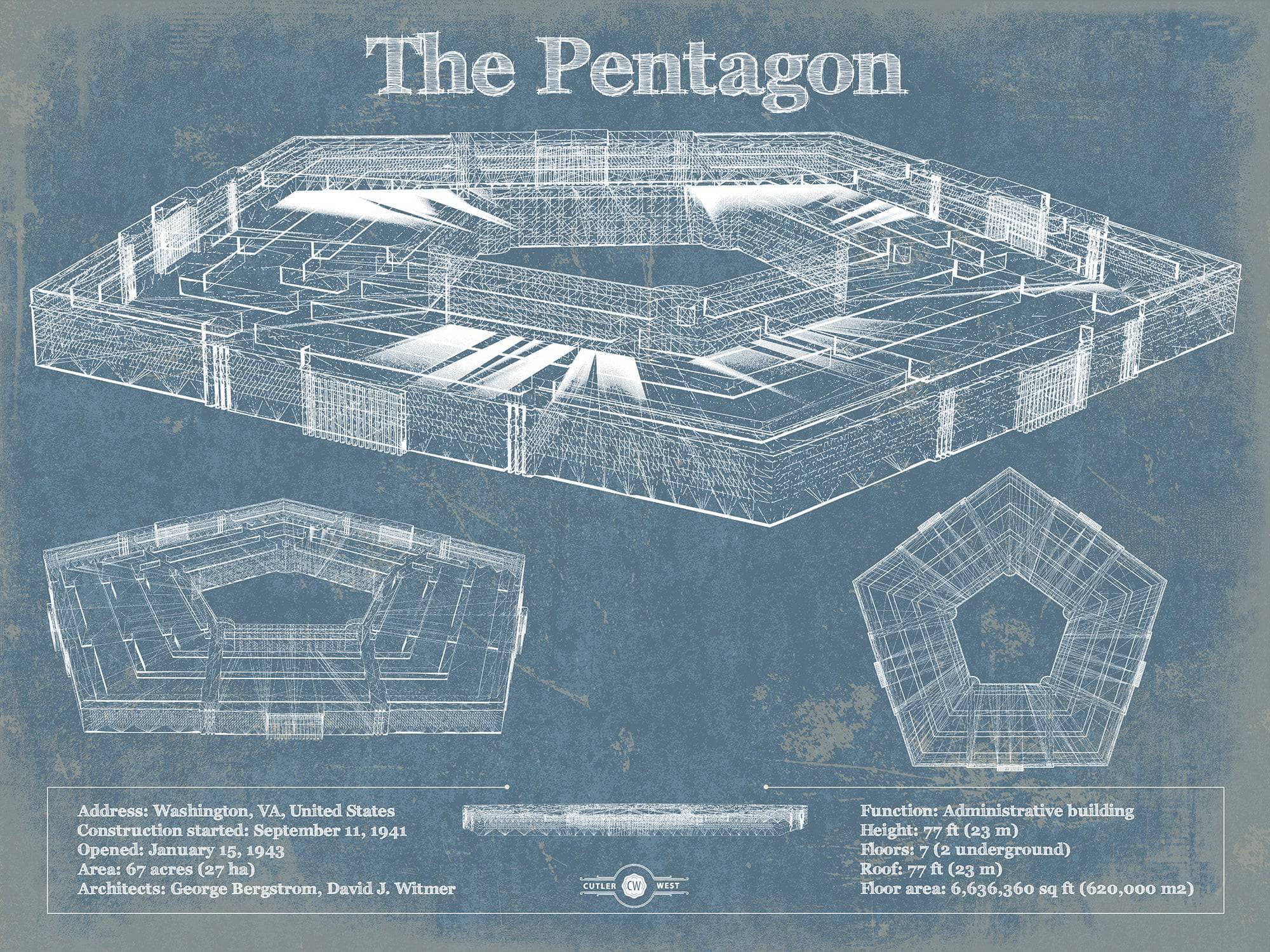 14" x 11" / Unframed Cutler West The Pentagon Vintage Blueprint Building Print