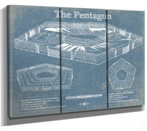 36" x 24" / 3 Panel Canvas Wrap Cutler West The Pentagon Vintage Blueprint Building Print