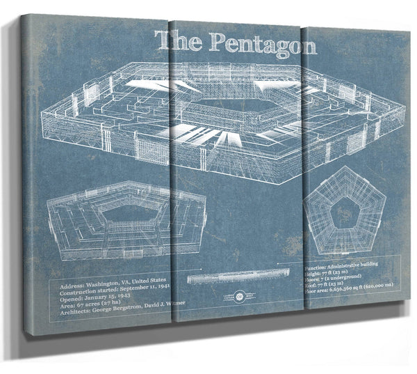 36" x 24" / 3 Panel Canvas Wrap Cutler West The Pentagon Vintage Blueprint Building Print