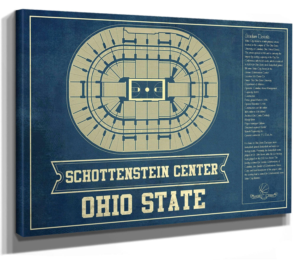 14" x 11" / Stretched Canvas Wrap Cutler West The Schottenstein Center - Ohio State Buckeyes NCAA College Basketball Blueprint Art