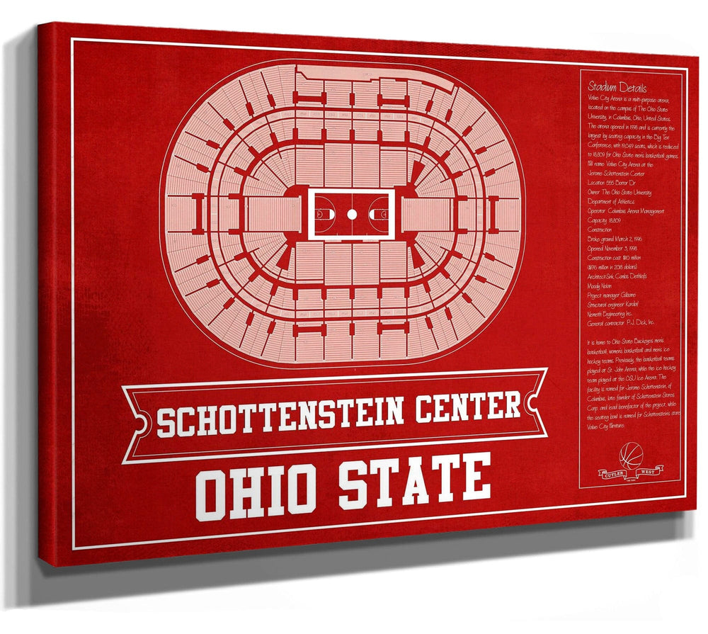 14" x 11" / Stretched Canvas Wrap Cutler West The Schottenstein Center - Ohio State Buckeyes Team Colors NCAA College Basketball Blueprint Art