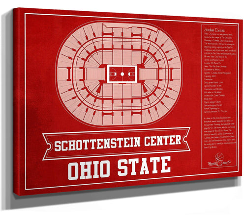 14" x 11" / Stretched Canvas Wrap Cutler West The Schottenstein Center - Ohio State Buckeyes Team Colors NCAA College Basketball Blueprint Art