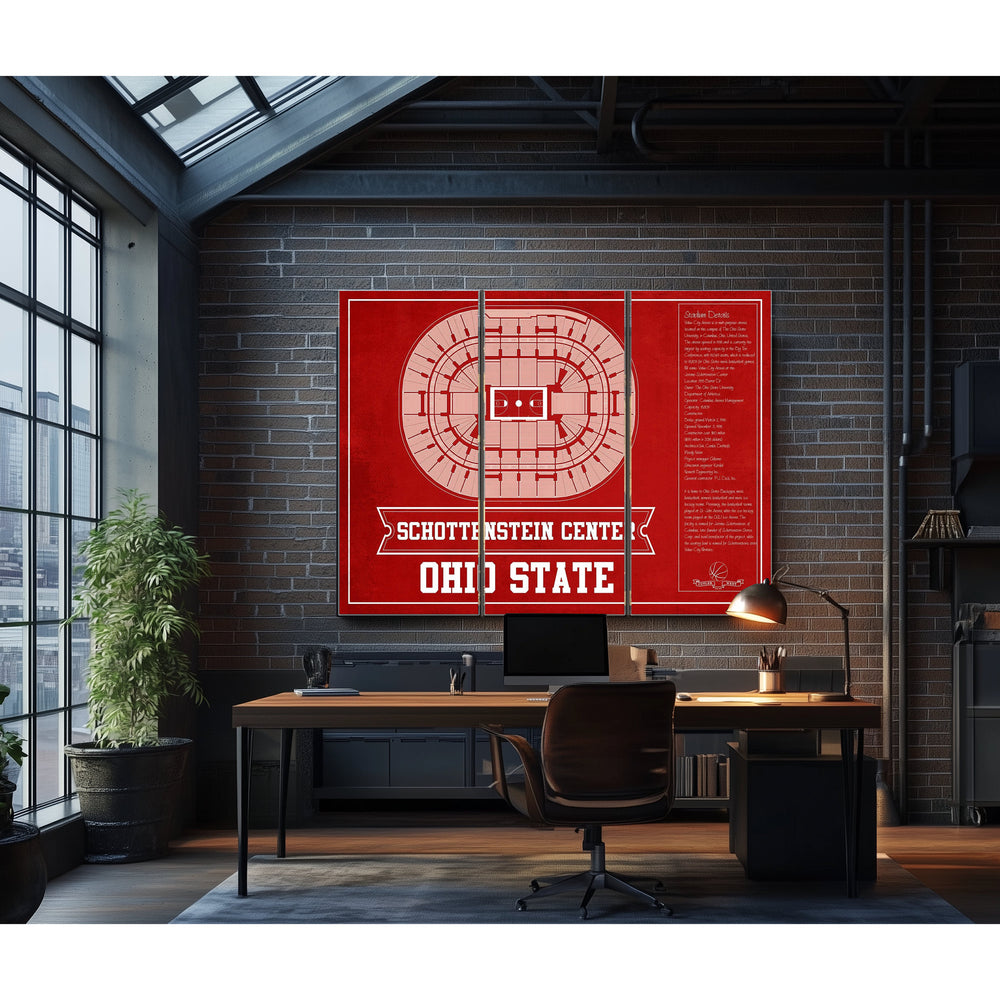 The Schottenstein Center - Ohio State Buckeyes Team Print in a distressed Vintage Black wood frame with ornate corners