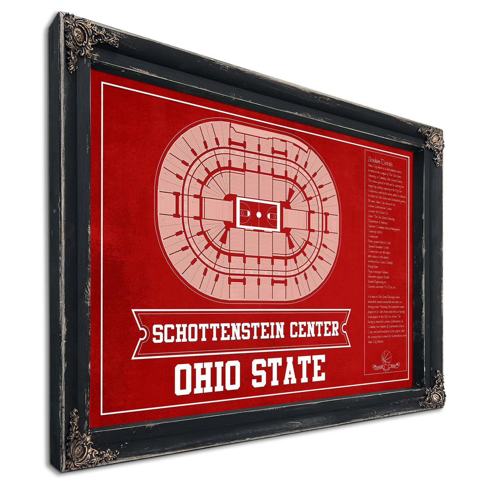 The Schottenstein Center - Ohio State Buckeyes Team Print in a distressed Vintage Black wood frame with ornate corners