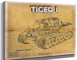 14" x 11" / Stretched Canvas Wrap Cutler West Tiger I Vintage German Tank Military Print