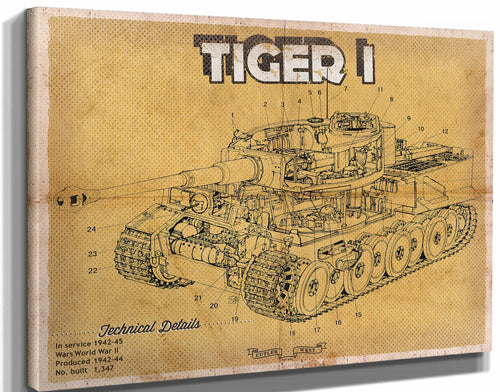 14" x 11" / Stretched Canvas Wrap Cutler West Tiger I Vintage German Tank Military Print
