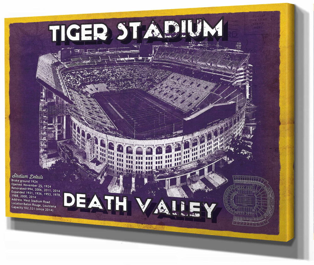14" x 11" / Stretched Canvas Wrap Cutler West Tiger Stadium Art - LSU Tigers Vintage Stadium - Blueprint Art Print