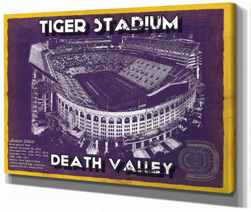 14" x 11" / Stretched Canvas Wrap Cutler West Tiger Stadium Art - LSU Tigers Vintage Stadium - Blueprint Art Print