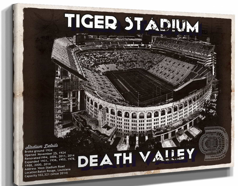14" x 11" / Stretched Canvas Wrap Cutler West Tiger Stadium Art - LSU Tigers Vintage Stadium & Blueprint Art Print