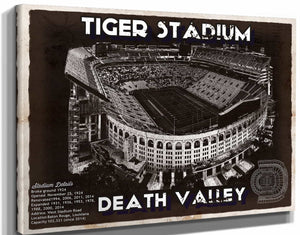 14" x 11" / Stretched Canvas Wrap Cutler West Tiger Stadium Art - LSU Tigers Vintage Stadium & Blueprint Art Print