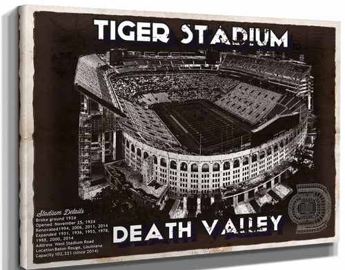 14" x 11" / Stretched Canvas Wrap Cutler West Tiger Stadium Art - LSU Tigers Vintage Stadium & Blueprint Art Print