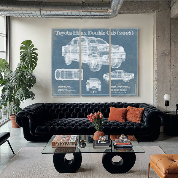 2016 Toyota Hilux Double Cab Blueprint Truck Print as a 3 panel canvas wrap in a modern living room