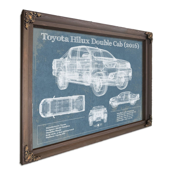 2016 Toyota Hilux Double Cab Blueprint Truck Print in a Bourbon stained wood frame with antique gold corners