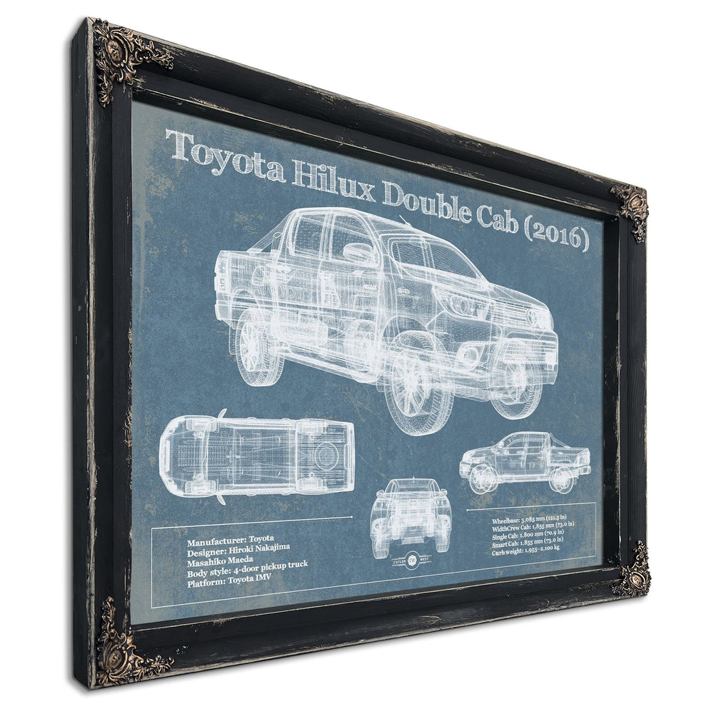 2016 Toyota Hilux Double Cab Blueprint Truck Print in a distressed Vintage Black wood frame with ornate corners