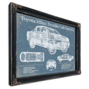 2016 Toyota Hilux Double Cab Blueprint Truck Print in a distressed Vintage Black wood frame with ornate corners