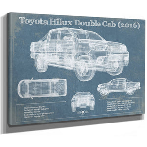 2016 Toyota Hilux Double Cab Blueprint Truck Print as a stretched canvas wrap with gallery wrapped edges