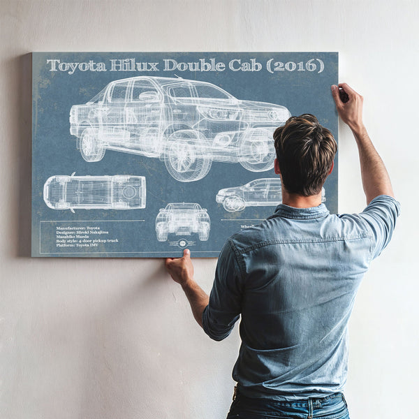 2016 Toyota Hilux Double Cab Blueprint Truck Print framed in Vintage Black above a mid-century record console