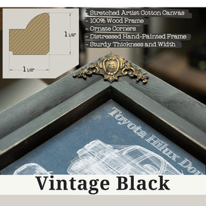 Vintage Black frame corner detail, 1.5 inch ornate wood moulding, 2016 Toyota Hilux Double Cab Blueprint Truck Print