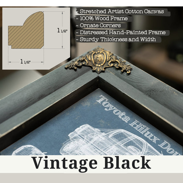Vintage Black frame corner detail, 1.5 inch ornate wood moulding, 2016 Toyota Hilux Double Cab Blueprint Truck Print
