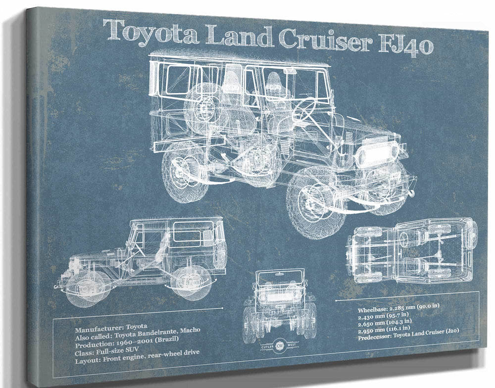 14" x 11" / Stretched Canvas Wrap Cutler West Toyota Land Cruiser FJ40 Blueprint Vintage Auto Print