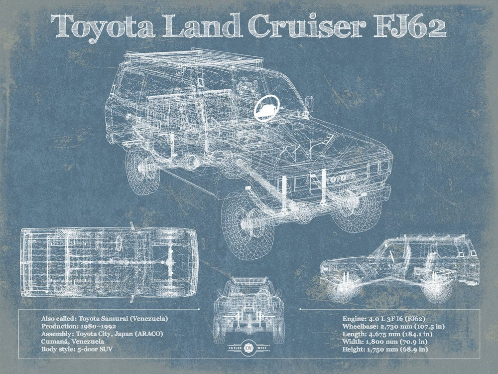 14" x 11" / Stretched Canvas Wrap Cutler West Toyota Land Cruiser FJ62 Blueprint Vintage Auto Print