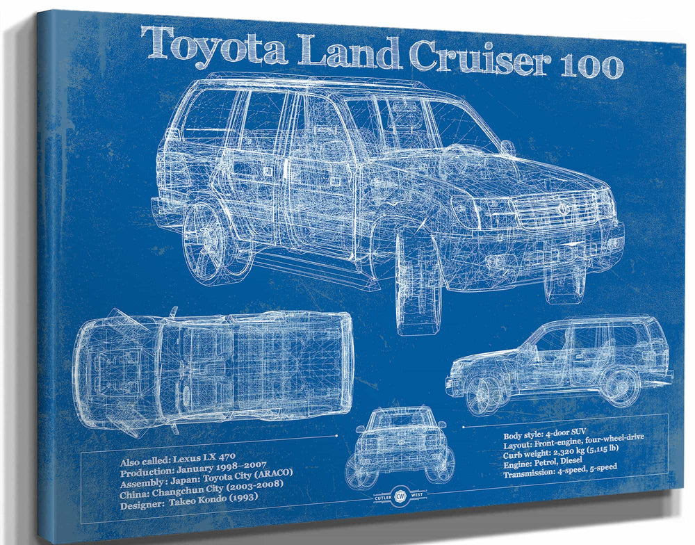 14" x 11" / Stretched Canvas Wrap Cutler West Toyota Land Cruiser J100 Blueprint Vintage Auto Print