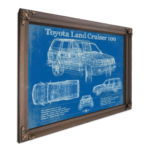 Toyota Land Cruiser J100 Blueprint Truck Print in a Bourbon stained wood frame with antique gold corners