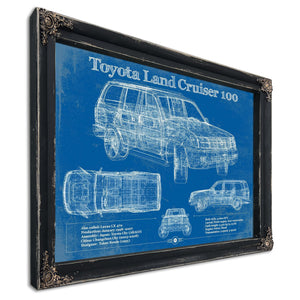 Toyota Land Cruiser J100 Blueprint Truck Print in a distressed Vintage Black wood frame with ornate corners