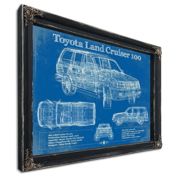 Toyota Land Cruiser J100 Blueprint Truck Print in a distressed Vintage Black wood frame with ornate corners