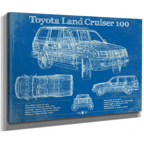 Toyota Land Cruiser J100 Blueprint Truck Print as a stretched canvas wrap with gallery wrapped edges
