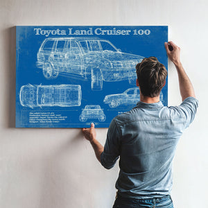 Toyota Land Cruiser J100 Blueprint Truck Print framed in Vintage Black above a mid-century record console