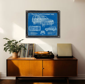 Toyota Land Cruiser J100 Blueprint Truck Print framed in Vintage Black in a loft bedroom