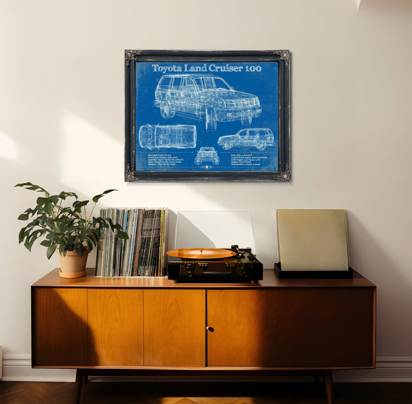 Toyota Land Cruiser J100 Blueprint Truck Print framed in Vintage Black in a loft bedroom