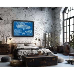 Toyota Land Cruiser J100 Blueprint Truck Print framed in Vintage Black in a farmhouse entryway