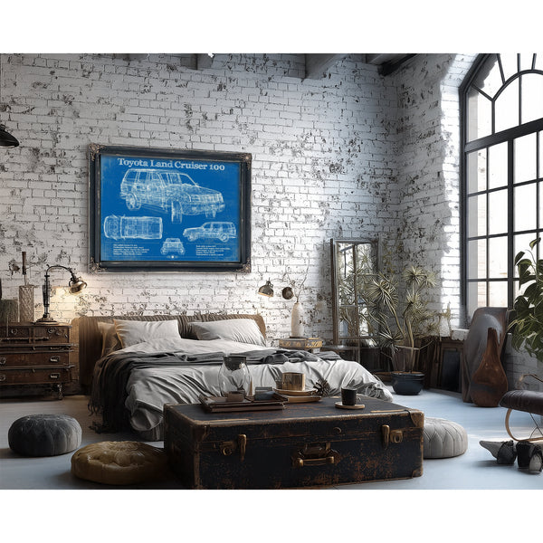 Toyota Land Cruiser J100 Blueprint Truck Print framed in Vintage Black in a farmhouse entryway