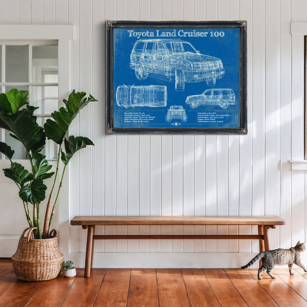 Toyota Land Cruiser J100 Blueprint Truck Print framed in Vintage Black above a rustic console table
