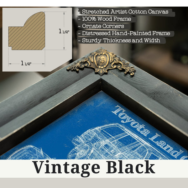 Vintage Black frame corner detail, 1.5 inch ornate wood moulding, Toyota Land Cruiser J100 Blueprint Truck Print